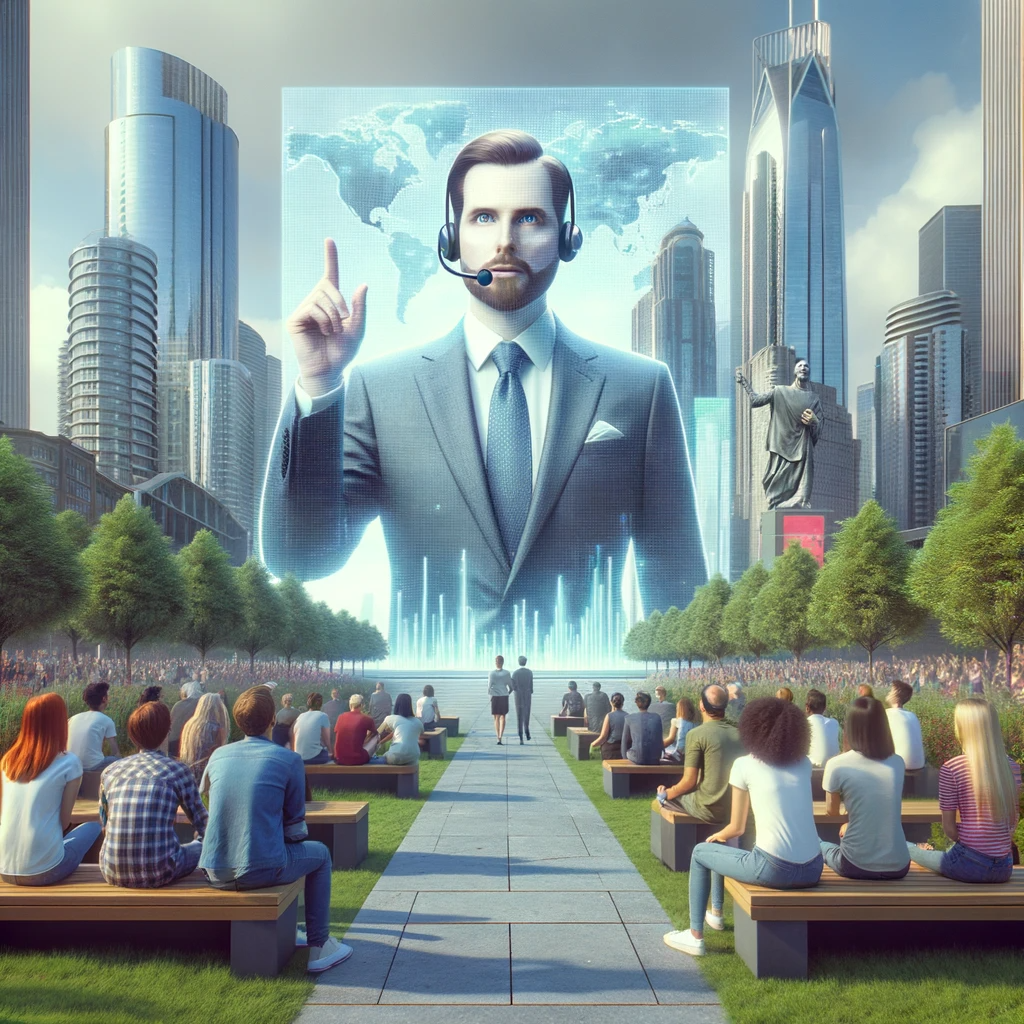 A city park with skyscrapers in the background and people seated on benches viewing the 3D projection of a formally dressed leader.