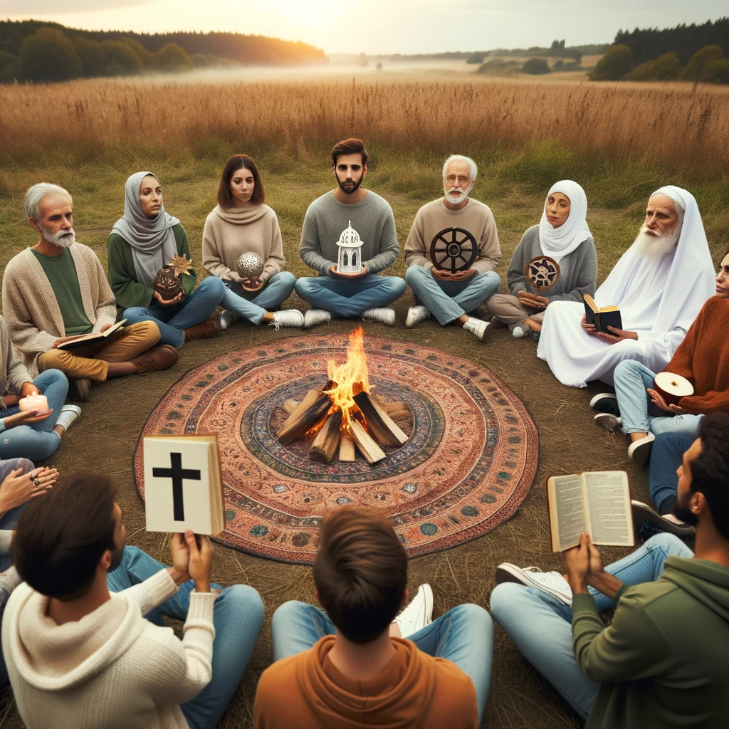 A group of diverse individuals in an open field, each holding a symbol of their faith, gathered around a warm fire.